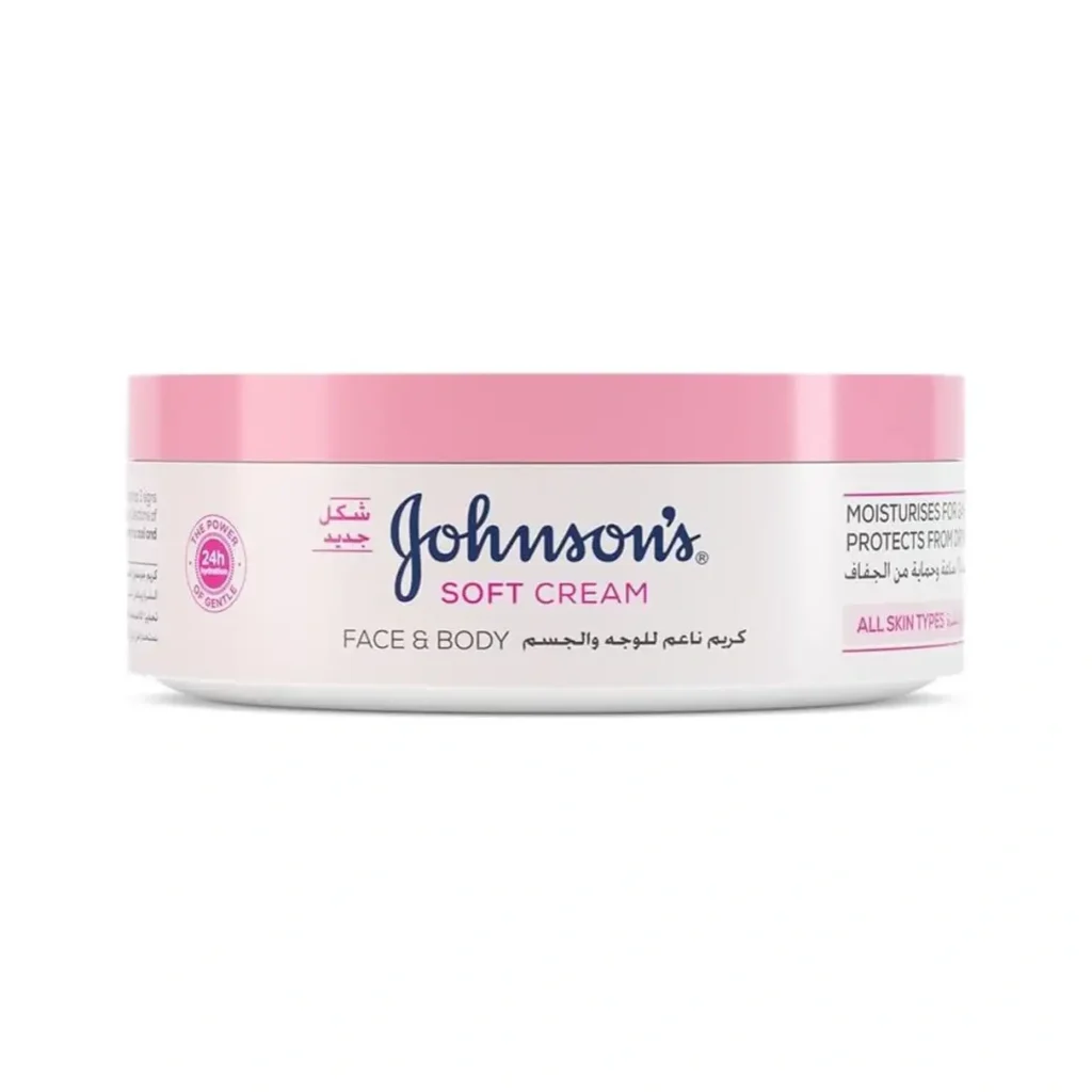 Johnson's 24 Hour Moisture Body Cream, a gentle and hydrating soft formula designed to significantly reduce skin tightness, flakiness, and dullness, 100ml.