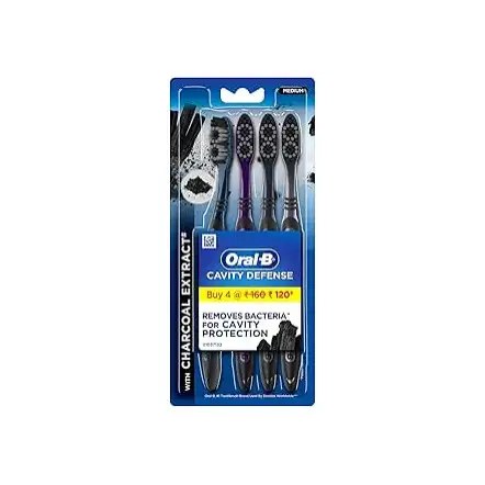 Oral-B Cavity Defense Deep Clean + Whitening Toothbrush with Charcoal Extract Bristles, Tongue Cleaner and Hygienic Head Caps, MEDIUM, Pack of 4.