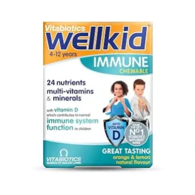Vitabiotics Wellkid Immune Chewable for Kids 4 to 12 Years | 24 Vitamins, Minerals & Vitamin D 500IU & Supports Immune System, Bone & Cognitive Development | 30 Tablets