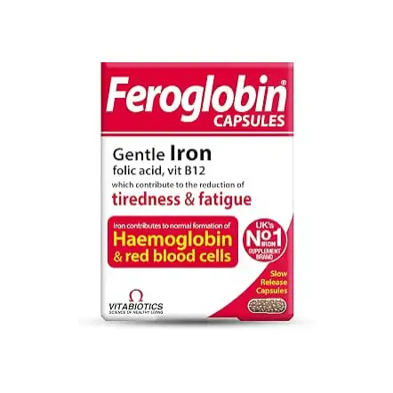 Vitabiotics Feroglobin Original Capsules | Gentle Iron for Iron Deficiency & Anemia & Supports Blood Formation & Energy & Immunity & Vitality While Reducing Fatigue | 30 Capsules